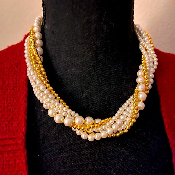 N139 NEW Multistrand white and gold faux pearl necklace can be worn as torsade - Picture 1 of 7